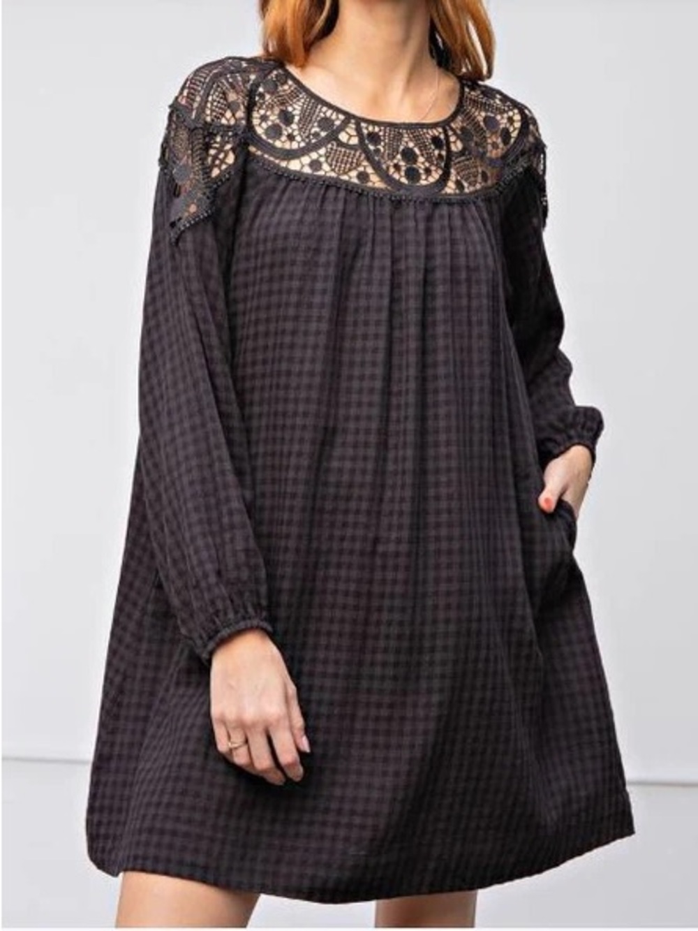 Easel Black Lace Gingham Long-Sleeve Swing Dress